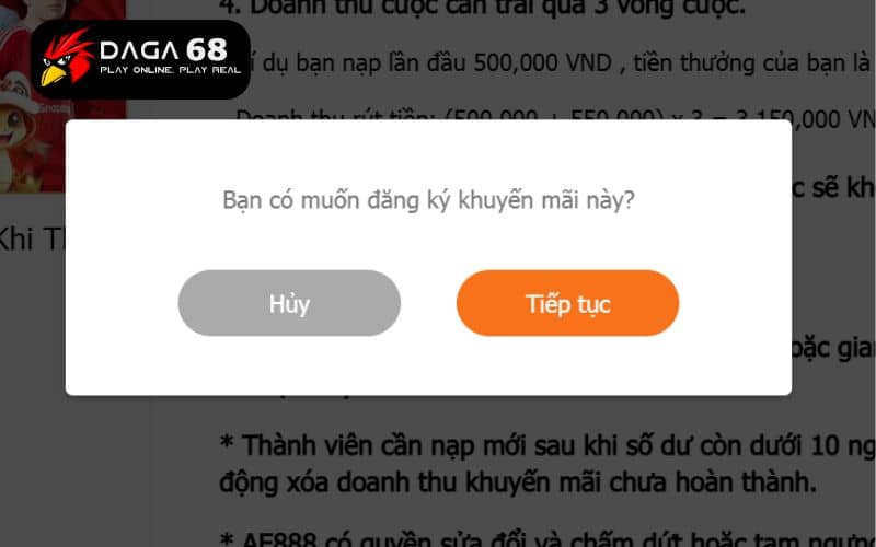 Các bước nhận khuyến mãi tại DAGA68
